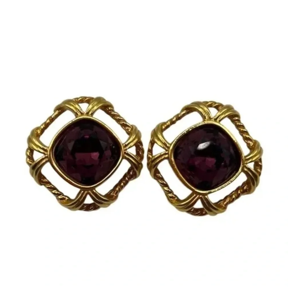 Vintage Swarovski Swan Gold And Purple Earrings Pierced